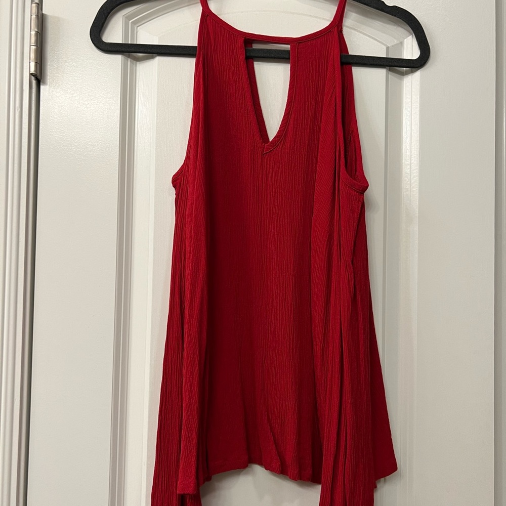 Open shoulder long sleeve red blouse